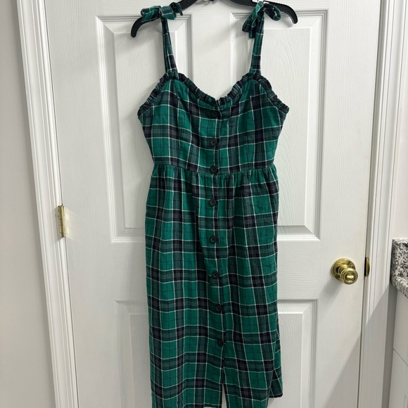 Lazy Oaf Plaid Flannel Midi Dress Size 12 Tie Straps Button Front Green Black - Picture 2 of 11